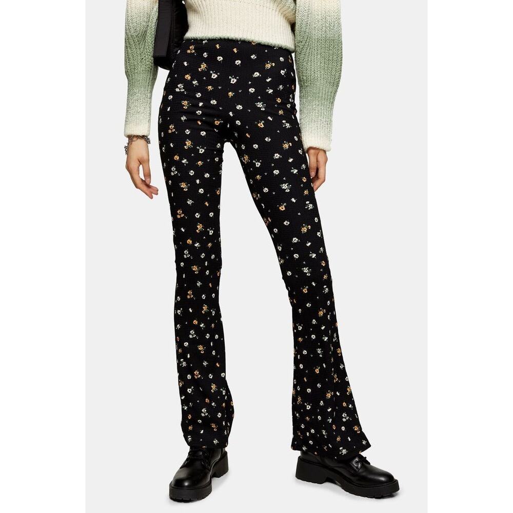 3/$20 Topshop Black Yellow Floral Crepe Flared Pull On Pants Women's Size 10